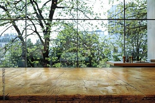 Wooden Table in Front of Window With Trees Background. Generative AI