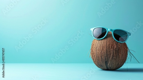 Coconut with sunglasses against pastel blue background. Copy space. Creative summer wallpaper. 