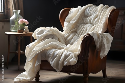 A crumpled cotton sheet tossed casually over the back of a vintage armchair, hinting at a moment of relaxation