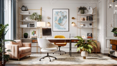 Office in a modern style. Interior design in Scandinavian style. Computer desk with computer and computer chair.