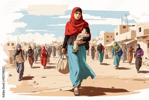 Palestinian refugees fleeing war Israel illustration 