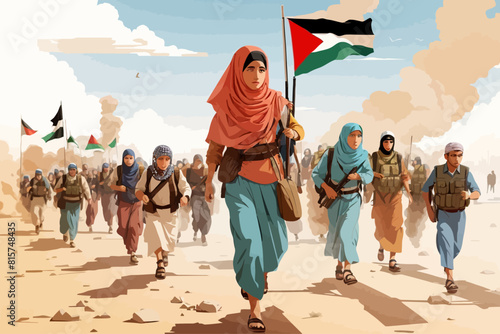 Palestinian refugees fleeing war Israel illustration 