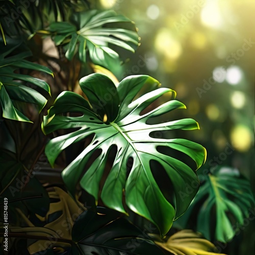 Monstera green leaves, Green leafy bokeh Forest background for creative design element. Philodendron monstera texture, Generative Ai