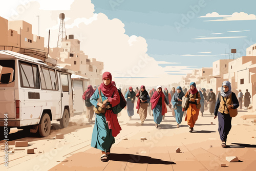 Palestinian refugees fleeing war Israel illustration 