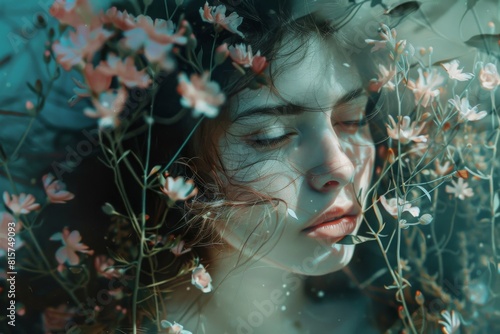 Woman with long hair and flowers in her hair. Woman portrait 