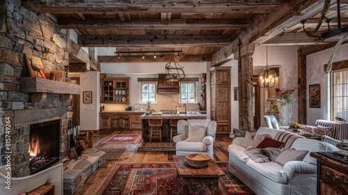 Interior design in half-timbered style. Interior of a living room with a dining area in half-timbered style. Upholstered furniture and dining area. © Vasili