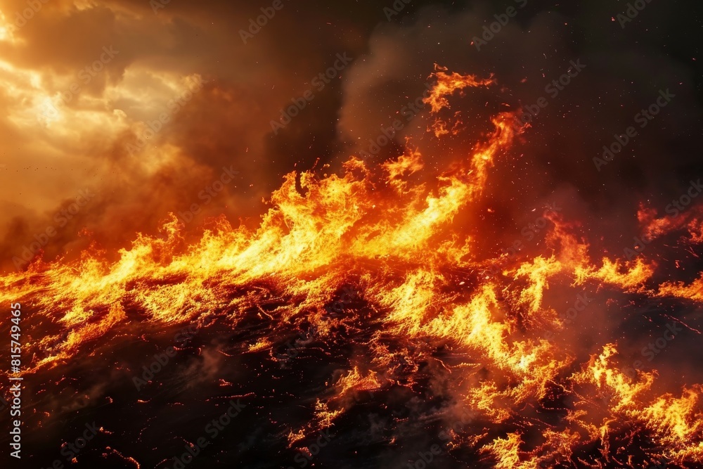 Intense flames engulfing the dark landscape
