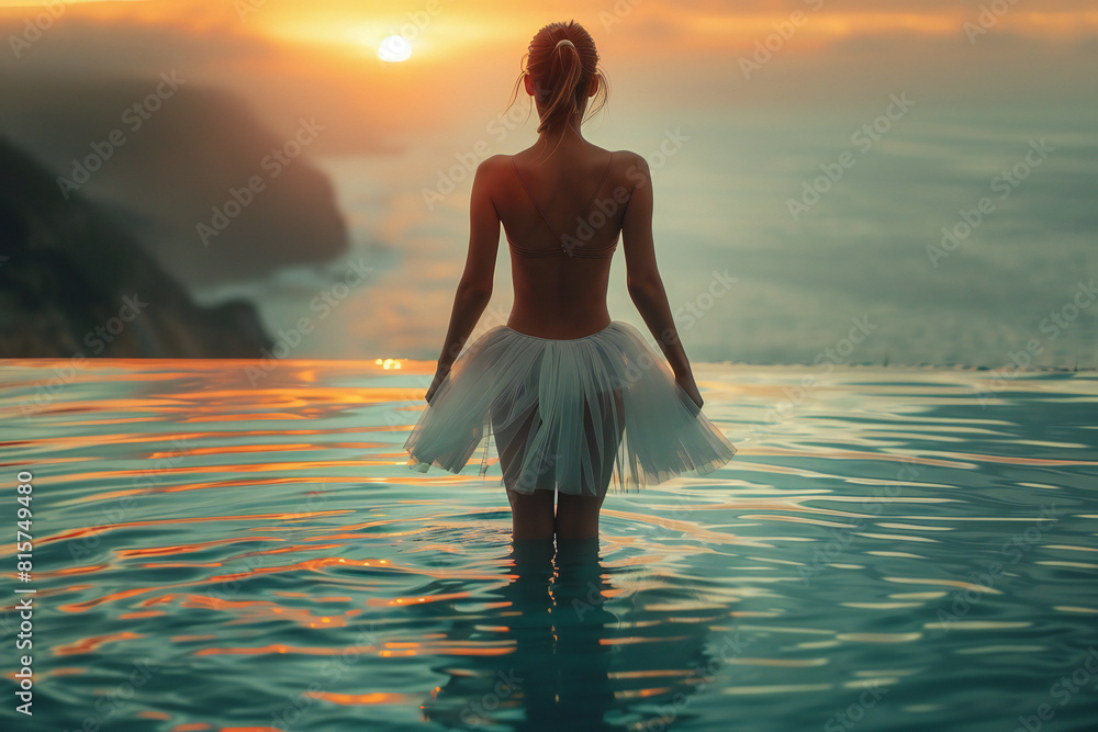 Fototapeta premium Ballerina on Pool Edge at Sunset