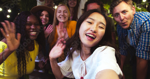 Bild auf Leinwand POV of happy Asian girl talking in good mood