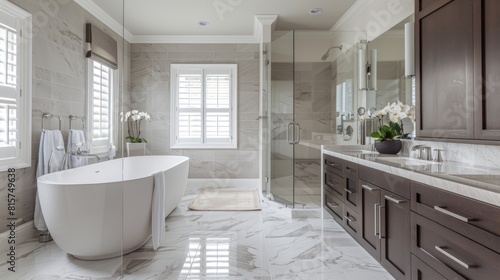 Bright bathroom with free-standing bath and shower. Modern interior design style.