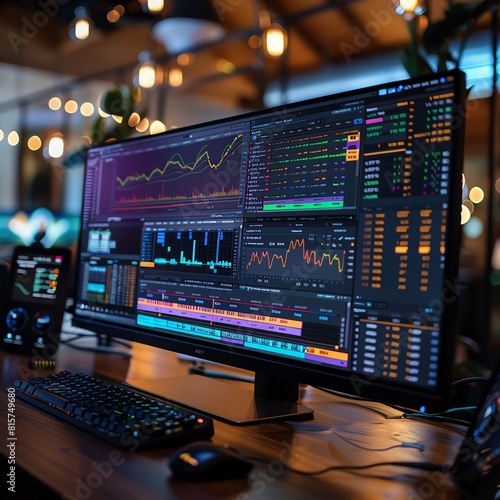 Detailed financial graph on a large monitor, with side notes about media investments and budget considerations, shot in a professional editing room. © Digi A
