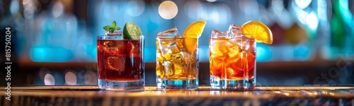 Different types of drinks are lined up on a bar. Banner
