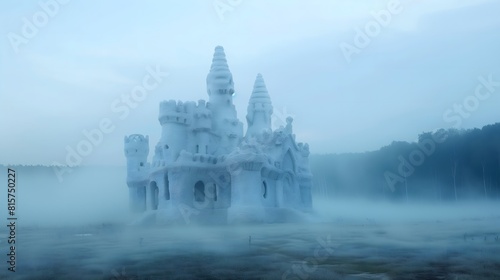 A historical monument sculpted from calcium sulfate, standing in a misty field  photo