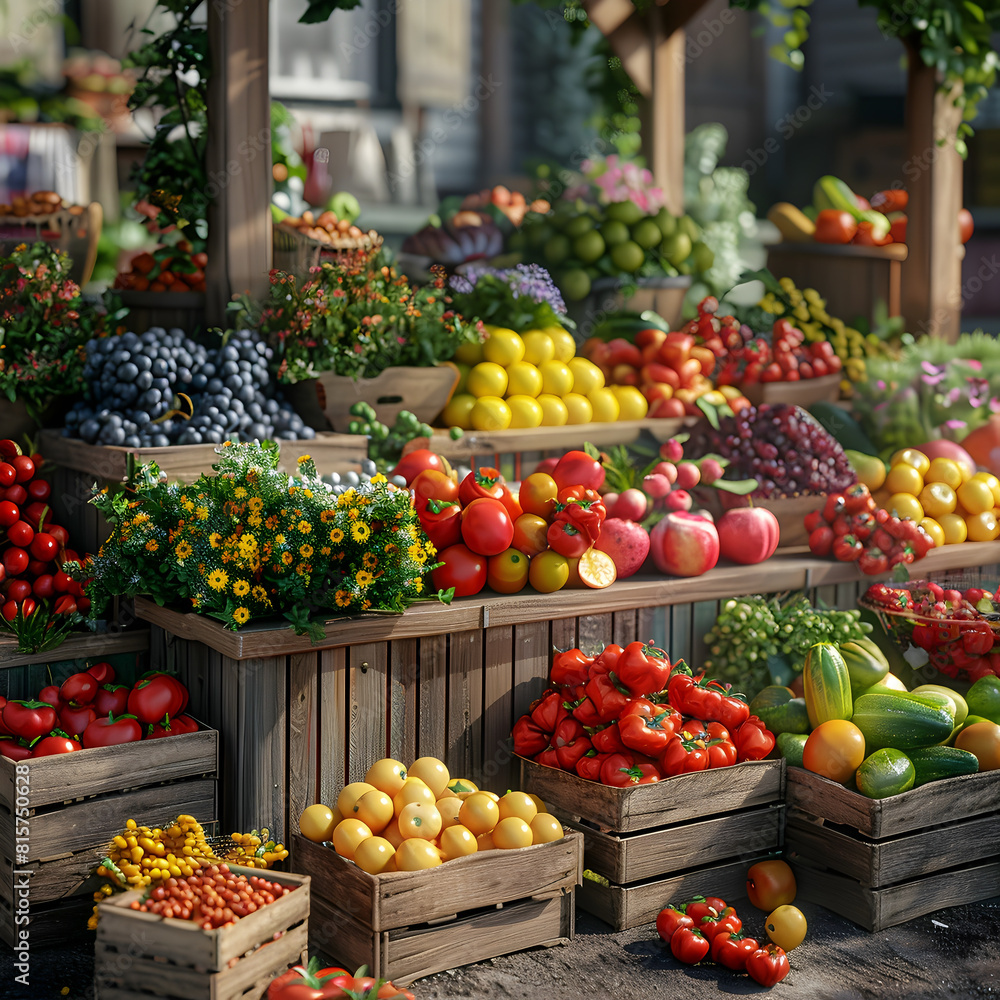 Vibrant Open Air Farmer s Market Backdrop with Artisanal Fresh Produce Display