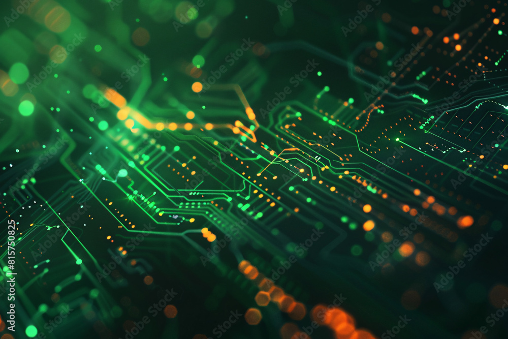 Detailed wallpaper of a green circuit board with glowing traces and connectors Detailed wallpaper of a green circuit board with glowing traces and connectors