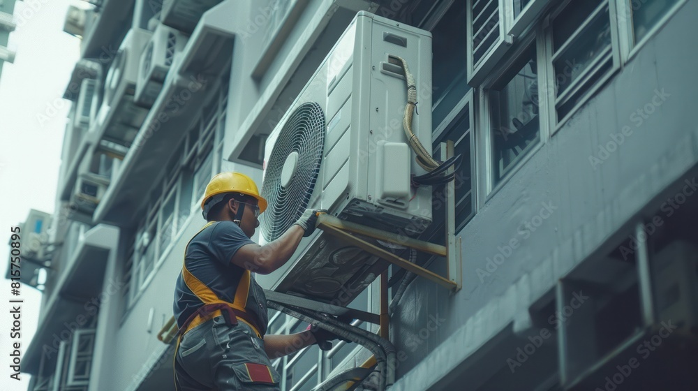 Photo of Air con technicians servicing central air systems, their careful work Photo of Air con technicians servicing central air systems, their careful work