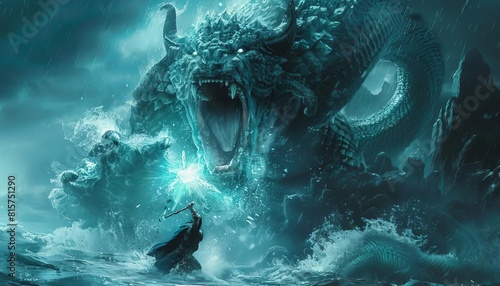 A dramatic illustration of Thor wielding Mjolnir amid a thunderous sky, battling the giant serpent Jormungandr photo