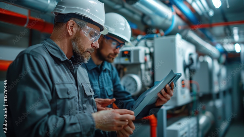 HVAC engineers calibrating temperature controls, ensuring comfort in white, well-lit environments HVAC engineers calibrating temperature controls, ensuring comfort in white, well-lit environments