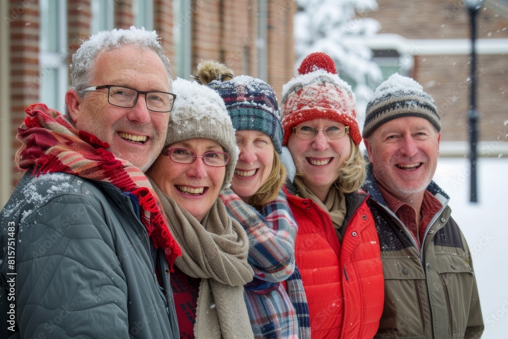Group of senior friends having fun outdoors in winter, smiling and looking at camera. Group of senior friends having fun outdoors in winter, smiling and looking at camera.