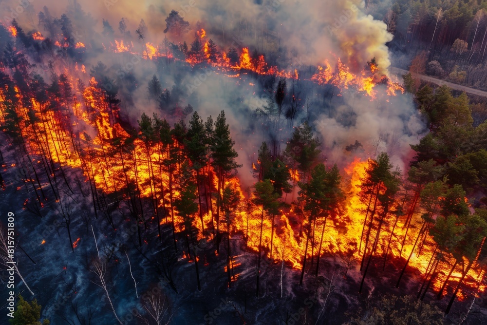 Aerial view of a forest fire destroying the landscape