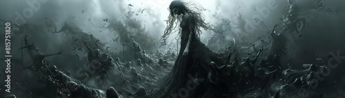 A haunting portrayal of Hel, the goddess of the underworld, in her dark and misty realm, surrounded by lost souls photo