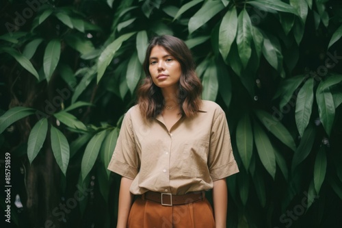 A portrait of a young woman in earthy tone clothings in front of green leaves © alisaaa