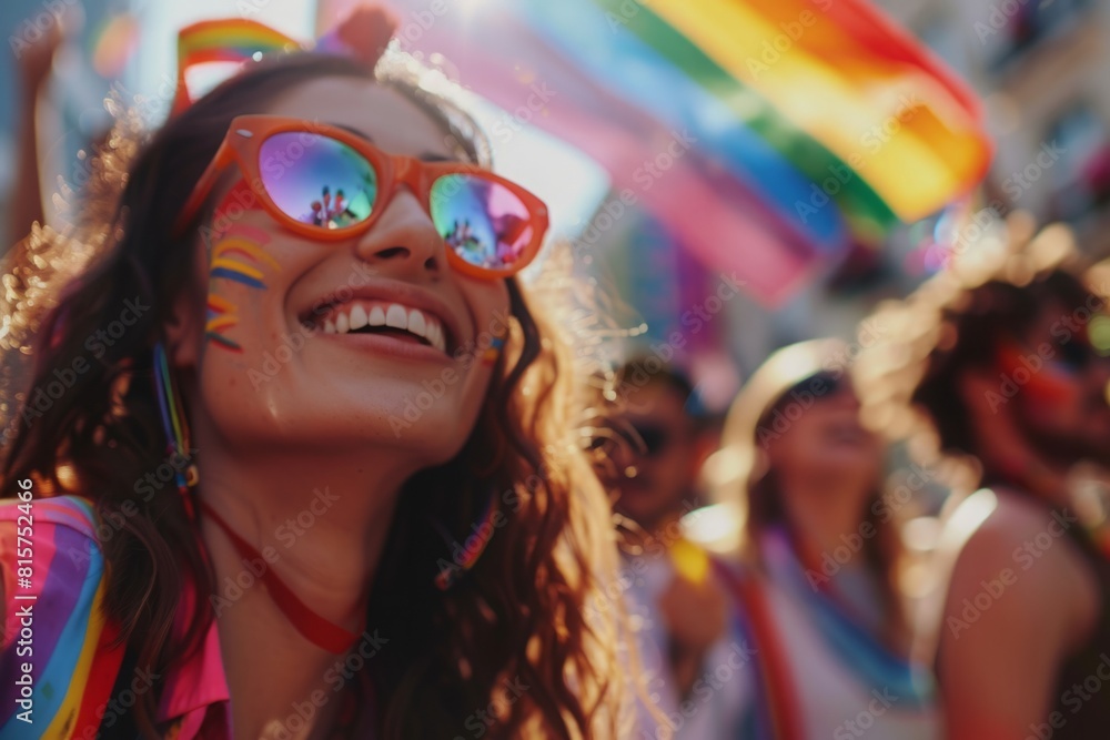 Against the backdrop of rainbow flags and cheering crowds, the portrait of the lesbian woman stands as a testament to the visibility and resilience of LGBTQ+ individuals during the pride parade Against the backdrop of rainbow flags and cheering crowds, the portrait of the lesbian woman stands as a testament to the visibility and resilience of LGBTQ+ individuals during the pride parade