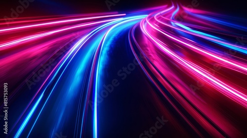 Neon red and blue speed lines. Speed                 of acceleration and movement. Light trails  motion blur effect. Night illumination in blue and red