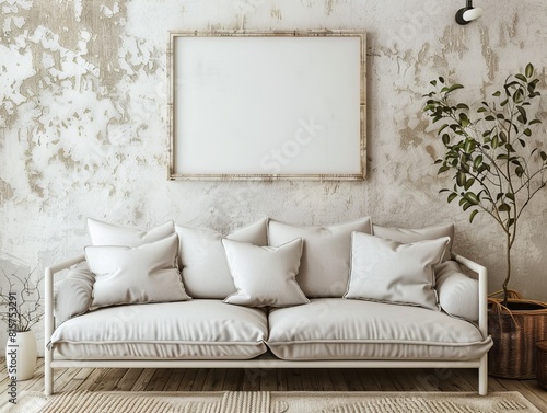 A cozy room featuring a comfortable white couch with pillows against a rustic wall