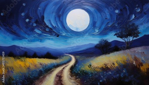 Abstract oil painting of dirt road in darkness, fantasy landscape with moon and blue sky.