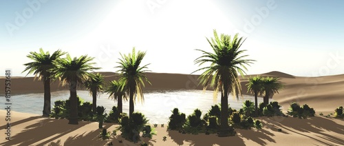 Oasis in the desert sand. Palm trees and a lake. 3d rendering.
