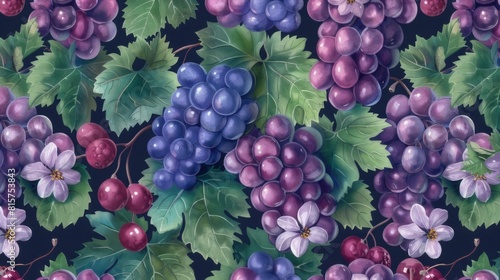 Seamless Grape Fruit Background Repeat Pattern Tilable Background of Grapes with Grape Blossom and Leaf Foliage for Design Projects and Textile Printing
