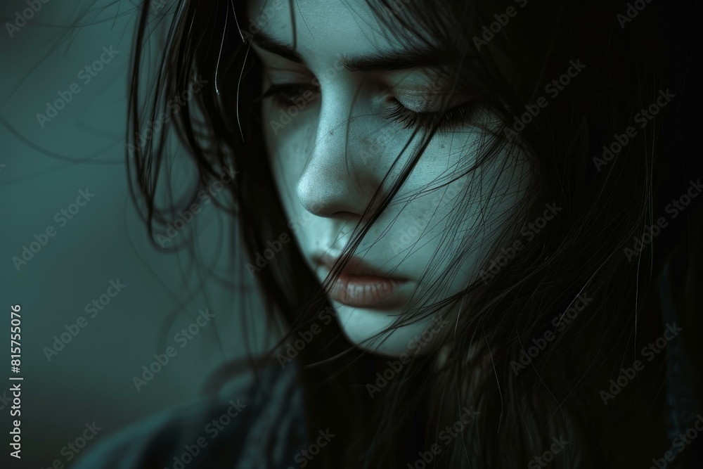 Close-up of a contemplative woman with dark, messy hair and a somber expression Close-up of a contemplative woman with dark, messy hair and a somber expression