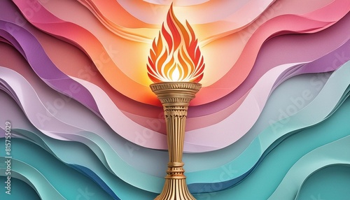 glowing olympic torch against a gradient of victory colors in paper cut style photo