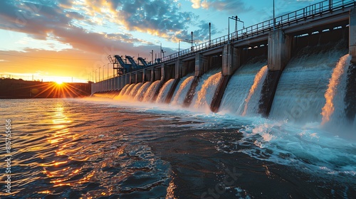 energy generation from a hydroelectric dam side view capturing water flow and turbines futuristic tone vivid
