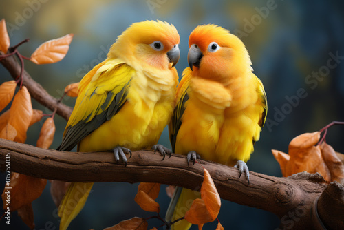 A pair of yellow lovebirds looking at each other on a tree branch with orange leaves on a dark blue background