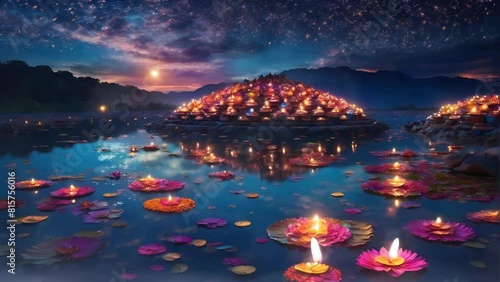 amazing diyas light iin the lake at night, diwali celebration concept, Seamless looping 4k time-lapse virtual video animation background. photo