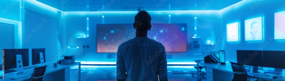 The image shows a person standing in a control room, looking at a large screen. They are wearing a lab coat. The image shows a person standing in a control room, looking at a large screen. They are wearing a lab coat.