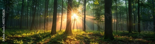 The photo shows a beautiful forest with green trees and a bright sun shining through them