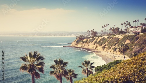 view of beautiful san diego california seen from sunset cliffs in point loma with rocky coastline pacific ocean palm trees and vintage toned filter photo
