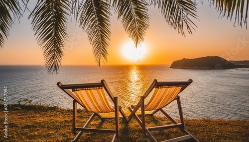 beach chair facing a spectacular ocean sunset with palm tree relaxation and travel holiday concept design for travel poster banner wallpaper vibrant landscape photography with tropical mood