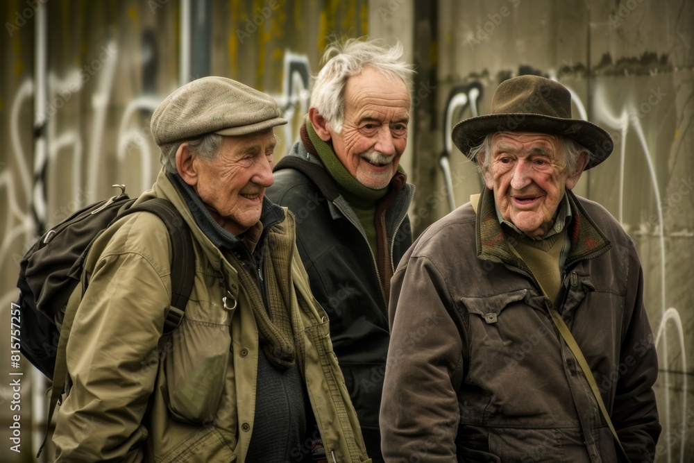 Three senior men smiling at the camera on a street in the city