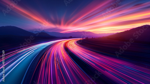 Dynamic Sunset Light Trails on Highway with Mountain Silhouette