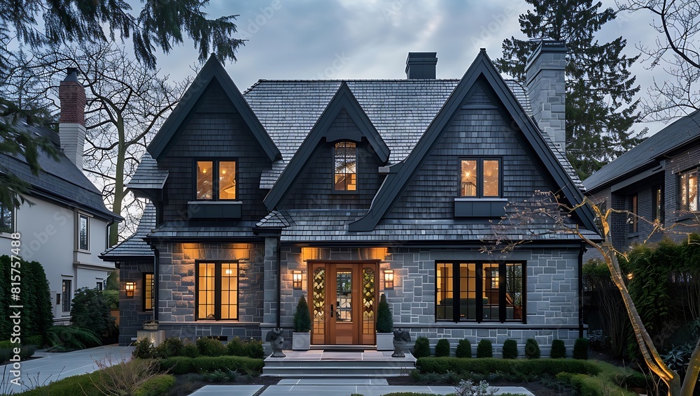 Dark grey stone and shingle home with traditional roof, stone accents on exterior walls, large front door, tall windows with wooden trim, decorative treasure lights, surrounded by trees and hedges