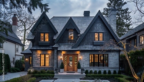 Dark grey stone and shingle home with traditional roof, stone accents on exterior walls, large front door, tall windows with wooden trim, decorative treasure lights, surrounded by trees and hedges