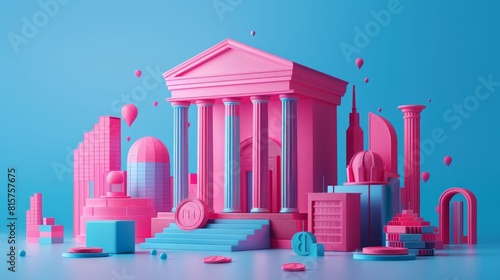 Pink and blue 3D rendering of a Greek temple with columns.