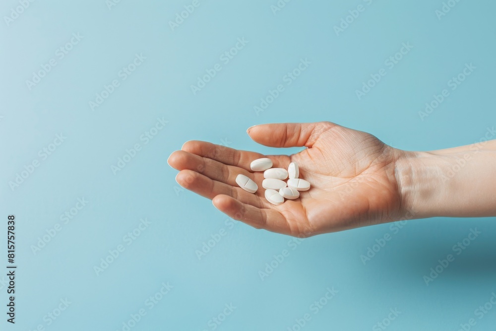 A medical pills in the palm of the hand on blue background with copyspace. Concept of responsibility and care for one's health. A medical pills in the palm of the hand on blue background with copyspace. Concept of responsibility and care for one's health.
