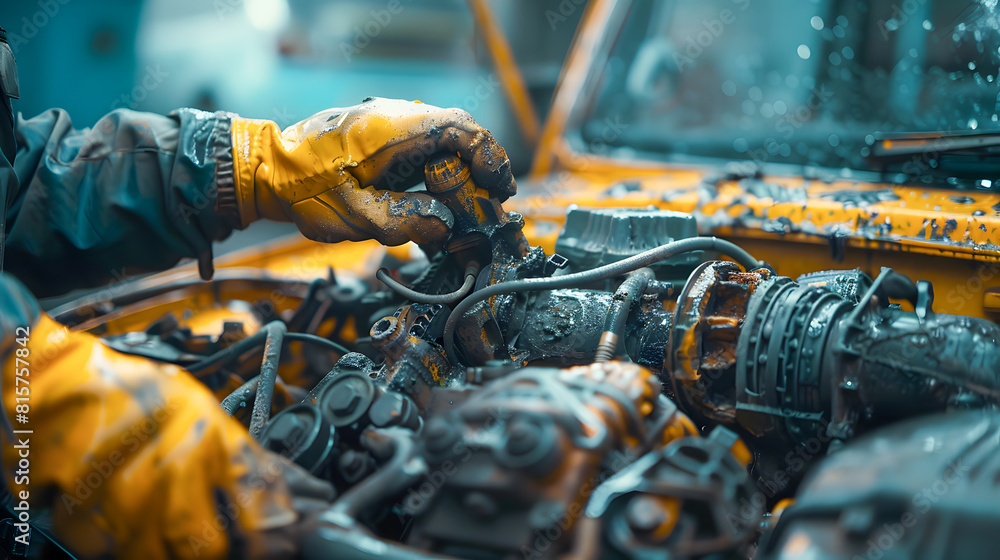 Auto mechanic working on car broken engine in mechanics service or garage. Transport maintenance wrench detail Auto mechanic working on car broken engine in mechanics service or garage. Transport maintenance wrench detail