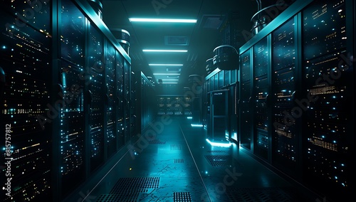 A dark, large data center with rows of high-tech server cabinets filled with computer equipment and glowing blue lights, representing the advanced technology behind cloud computing, including 