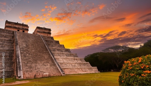 chichenitza in mexico during red sunset photo